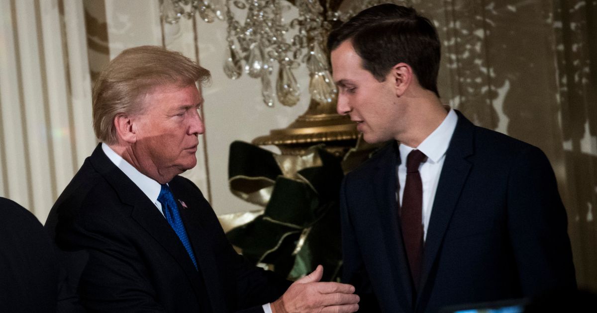 Then President Donald Trump and White House senior advisor to the president Jared Kushner attend a Hanukkah Reception in the East Room of the White House, Dec. 7, 2017, in Washington, D.C.
