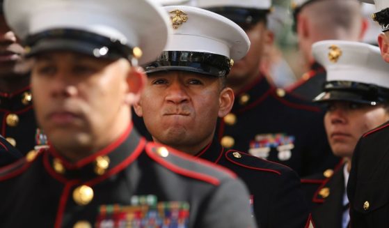 U.S. Marines prepare to march in the Veterans Day Parade on Nov. 11, 2017, in New York City.