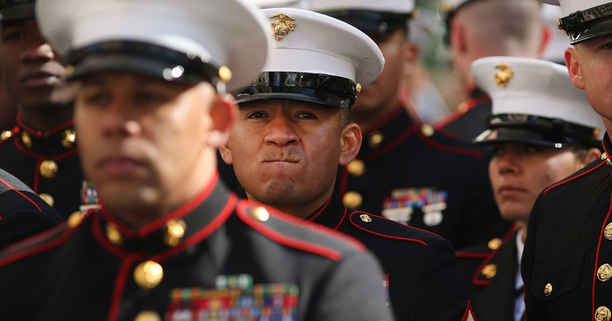U.S. Marines prepare to march in the Veterans Day Parade on Nov. 11, 2017, in New York City.