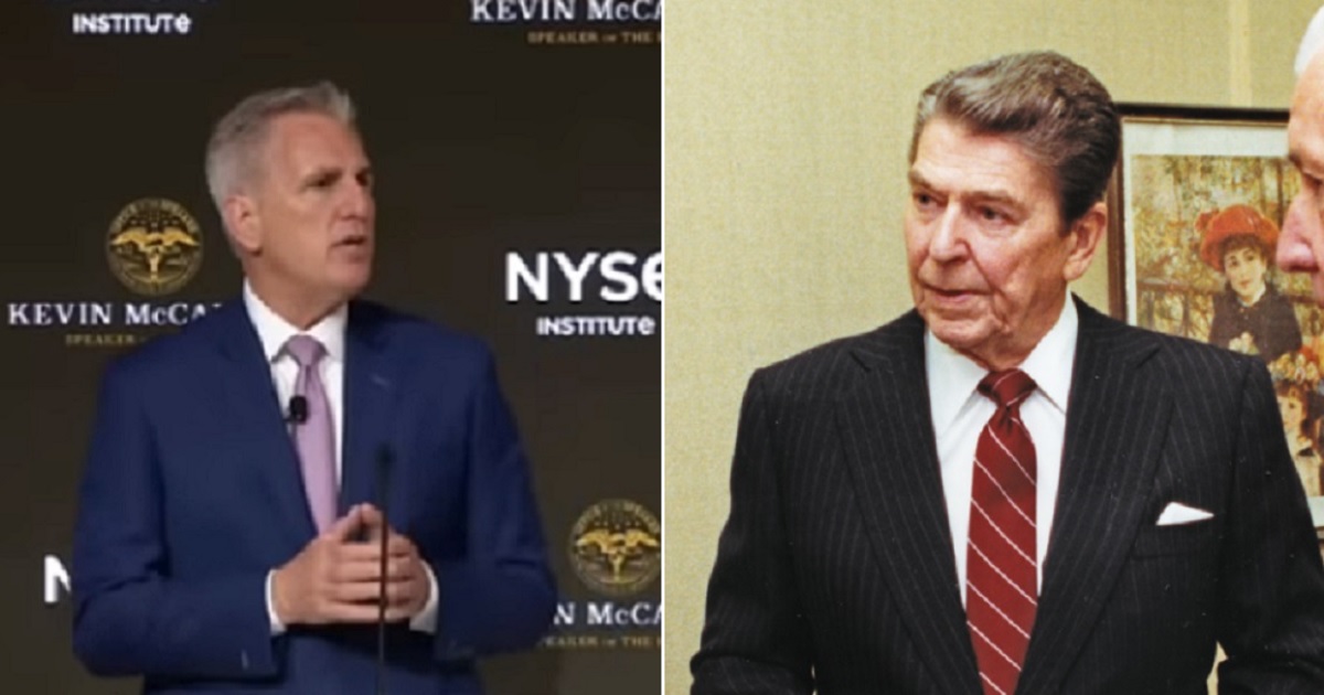 House Speaker Kevin McCarthy opened the New York Stock Exchange Monday, left, with words that echoed those of former President Ronald Reagan in 1985, right.
