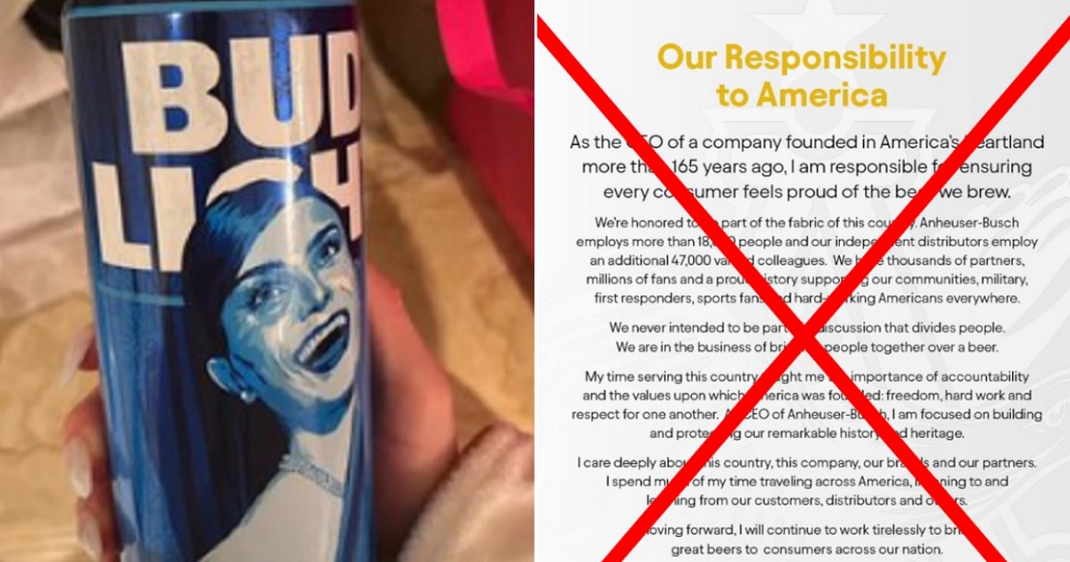 The Bud Light can honoring Dylan Mulvaney, left; the social media message from Anheuser-Busch CEO Brendan Whitworth, right, with a red "X" over it.