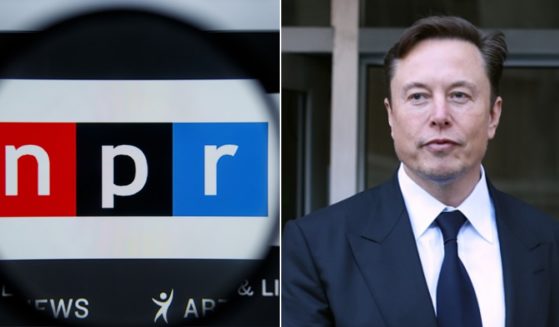NPR logo, left; Twitter owner Elon Musk, right.