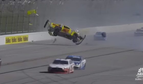 A car driven by NASCAR's Blaine Perkins goes airborne during a crash Saturday at the Talladega Superspeedway in Lincoln, Alabama.