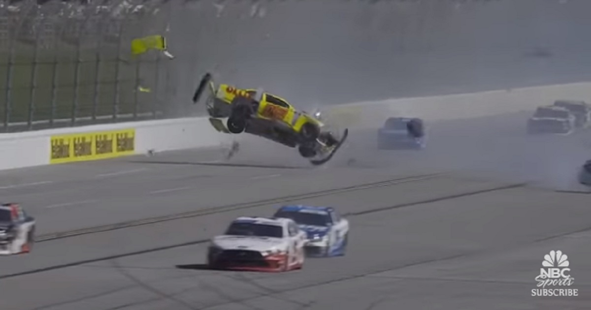 A car driven by NASCAR's Blaine Perkins goes airborne during a crash Saturday at the Talladega Superspeedway in Lincoln, Alabama.