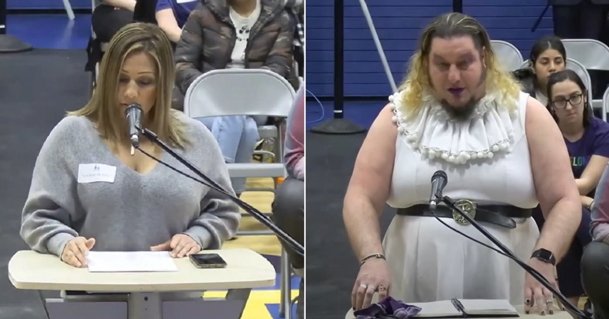 Aurora Regino, left, speaks at a Chico Unified School District meeting on April 5. A man who identified himself as "Squeaky Saint Francis," right, speaks at the same meeting.