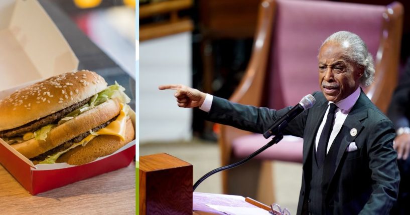 Rev. Al Sharpton (R) delivers the eulogy during the funeral service for Tyre Nichols at Mississippi Boulevard Christian Church on February 1, 2023 in Memphis and a McDonald's Big Mac (L) in Hong Kong on August 2, 2018.
