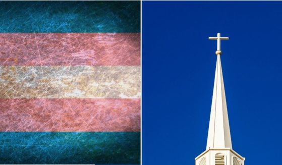 The transgender flag is seen in the stock image on the left. A church steeple is seen in the stock image on the right.