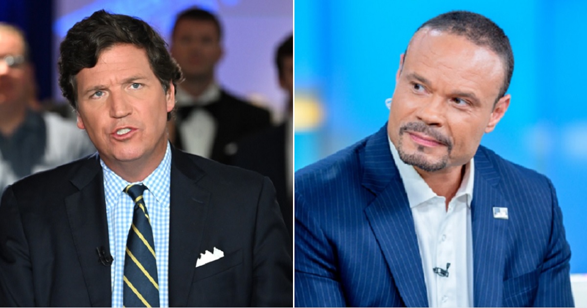 Now-former Fox News host Tucker Carlson, left; conservative commentator Dan Bongino, right.