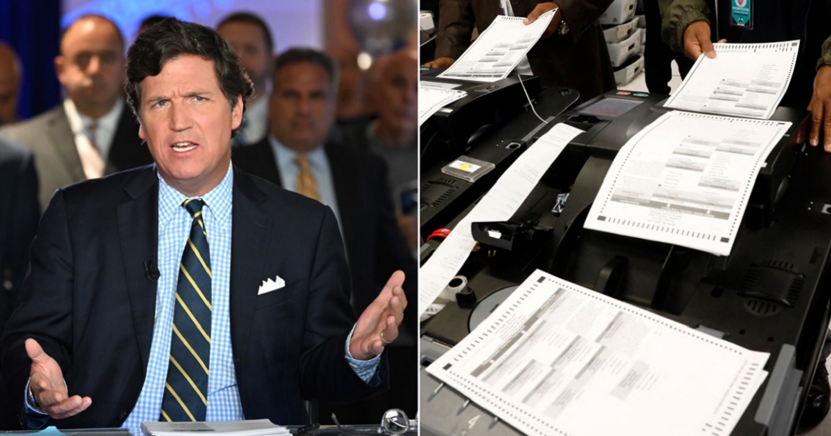 Fox News host Tucker Carlson, left; Dominion Voting Machines being tested in Detroit in July 2022, right.