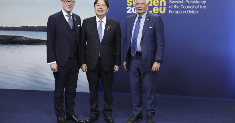 Japan's Foreign Minister, Yoshimasa Hayashi, center, poses with Swedish Foreign Minister Tobias Billstrom, left, and Josep Borrell, the European Union High Representative for Foreign Affairs and Security Policy, during a meeting of European and Indo-Pacific foreign ministers in Sweden on Saturday.