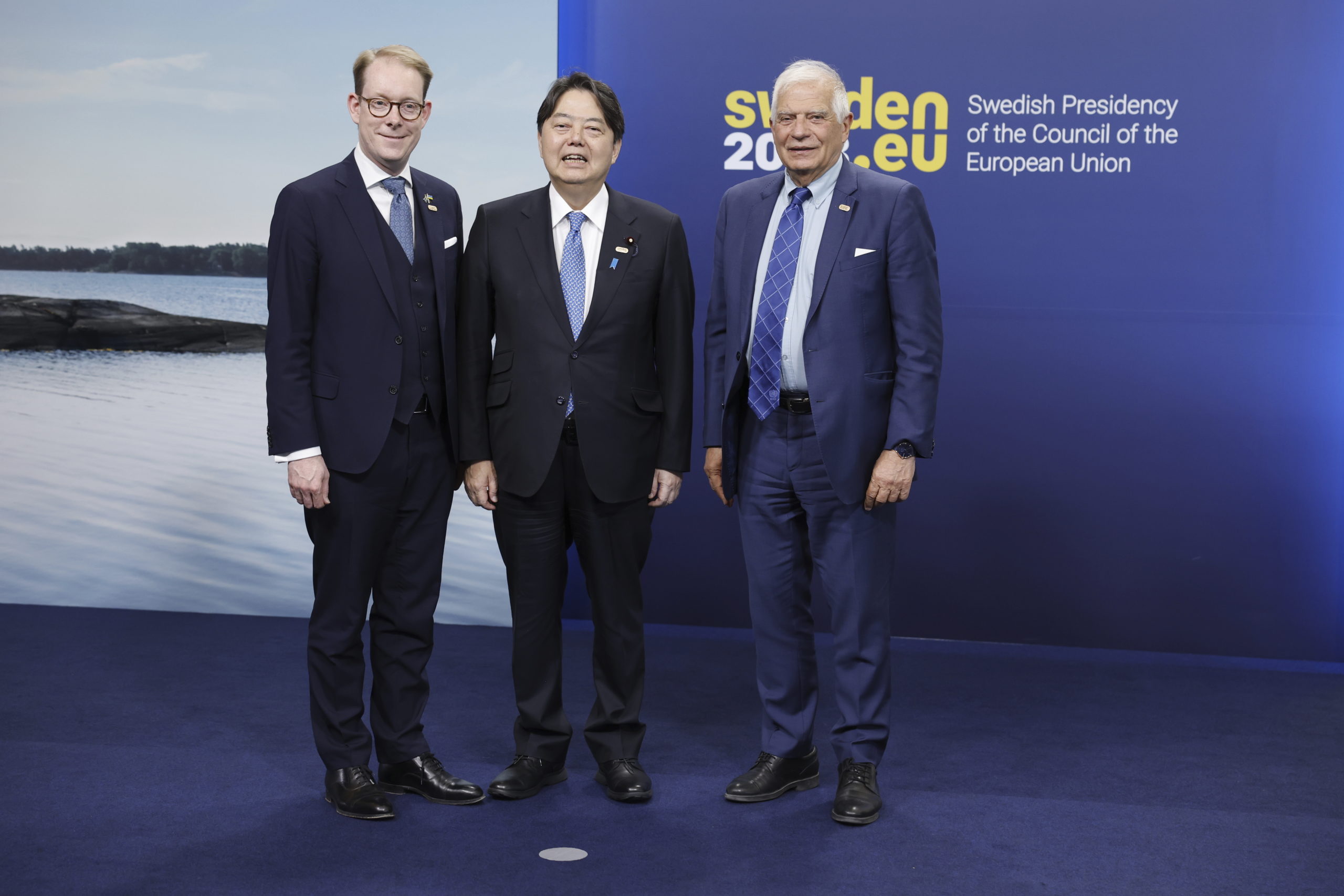 Japan's Foreign Minister, Yoshimasa Hayashi, center, poses with Swedish Foreign Minister Tobias Billstrom, left, and Josep Borrell, the European Union High Representative for Foreign Affairs and Security Policy, during a meeting of European and Indo-Pacific foreign ministers in Sweden on Saturday.
