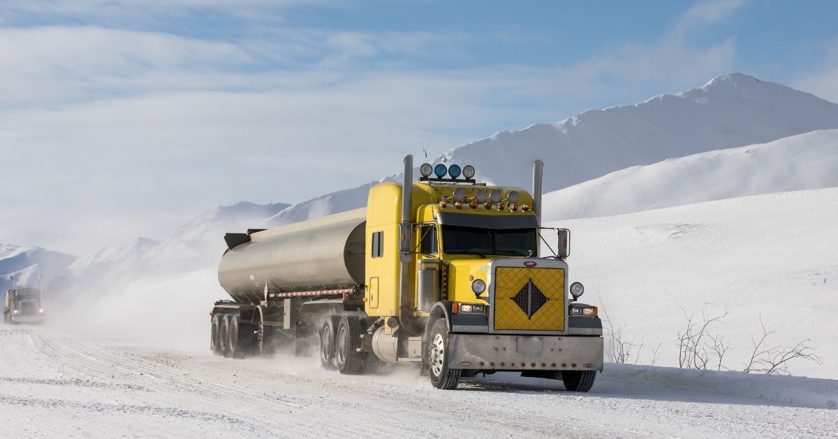 An 18-wheeler moves along the icy and snowy Dalton Highway in the Alaskan wilderness in an undated file photo.