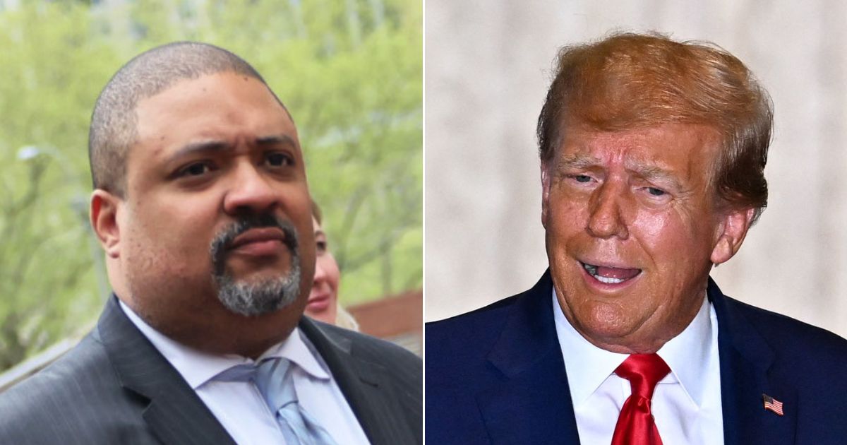 At left, Manhattan District Attorney Alvin Bragg leaves 1 Police Plaza in New York City after a news conference on April 18. At right, former President Donald Trump speaks during a news conference following his New York court appearance at his Mar-a-Lago estate in Palm Beach, Florida, on April 4.