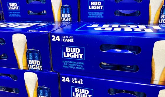 Cases of Bud Light beer are seen stacked at a liquor store in Buffalo Grove, Illinois, on April 25.