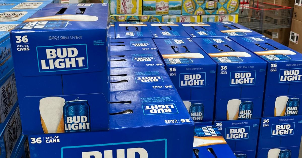 A stack of 36-packs of Bud Light is seen at a Costco store.