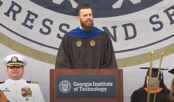Kansas City Chiefs kicker Harrison Butker speaks to Georgia Tech graduates May 6 in Atlanta.