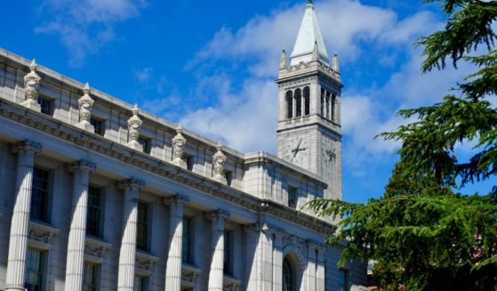 A clock tower is seen on the campus of the University of California, Berkeley, in the above stock image.