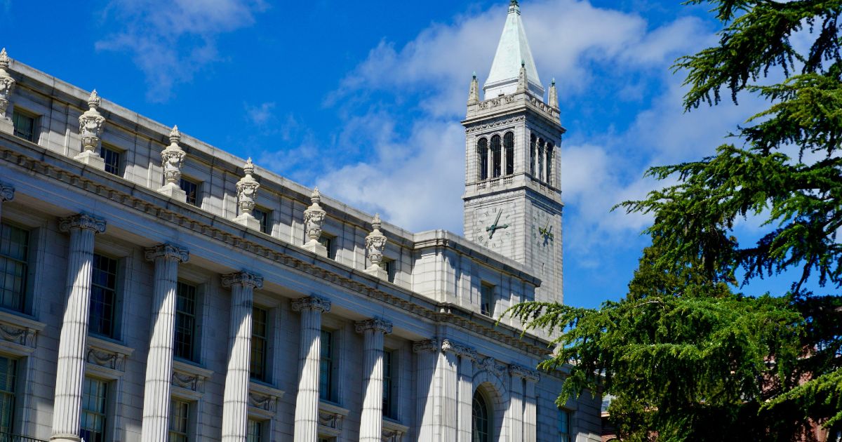 A clock tower is seen on the campus of the University of California, Berkeley, in the above stock image.