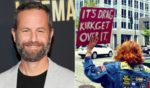 On Sunday, Kirk Cameron, left, tweeted a photo of a protester and her sign, right, at one of his events, highlighting the "true violent leanings" of the woman.