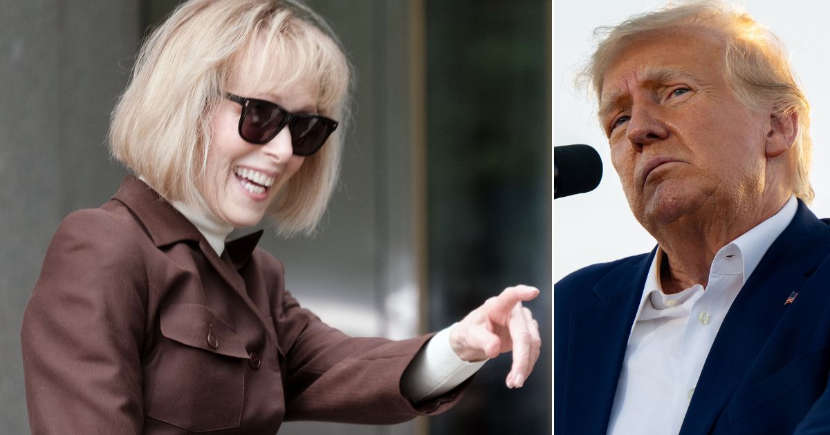At left, E. Jean Carroll arrives for her civil trial against former President Donald Trump at Manhattan Federal Court in New York on Tuesday. At right, Trump speaks during a rally at the Waco Regional Airport in Texas on March 25.