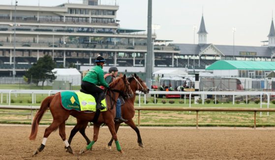 Derma Sotogake of Japan walks on the track during the morning training for the Kentucky Derby at Churchill Downs in Louisville, Kentucky, on Saturday.