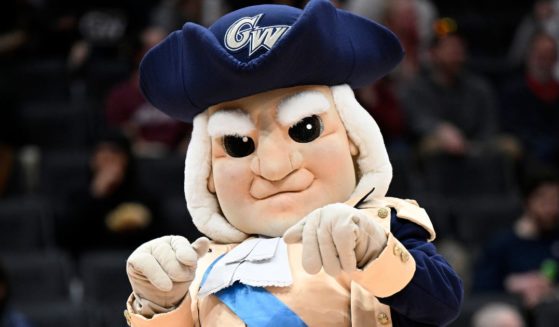 The George Washington Colonials mascot performs in the second half against the Massachusetts Minutemen during the Second Round of the 2022 Atlantic 10 Men's Basketball Tournament in Washington, D.C., on March 10, 2022.