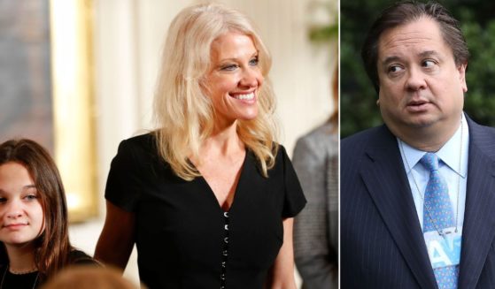 Former Trump White House counselor Kellyanne Conway and her daughter Claudia, left, and then-husband George, right, are seen in 2017 photos. Claudia Conway has recently complained that she was "exploited by the media, preyed upon, and was forced into portraying myself as something i wasn’t" during that time, so now she has declared on social media that she decided to "reclaim my womanhood" on Playboy.com.