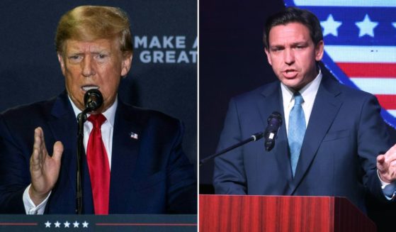 Former President Donald Trump speaks during a campaign event in Manchester, New Hampshire, on April 27. Florida Gov. Ron DeSantis speaks on May 6 in Rothschild, Wisconsin.