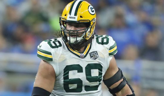 David Bakhtiari of the Green Bay Packers looks to make a block during the first quarter of the game against the Detroit Lions in Detroit, Michigan, on Oct. 7, 2018.