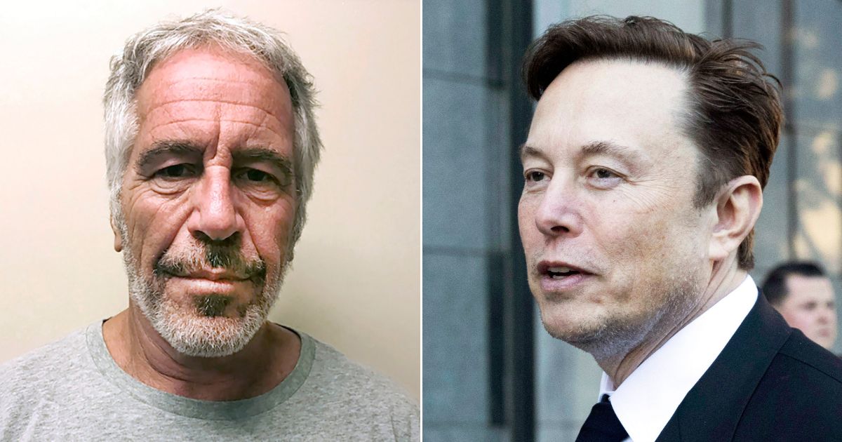 At left, Jeffrey Epstein is seen in his photo for the New York State Sex Offender Registry on March 28, 2017. At right, Elon Musk departs the Phillip Burton Federal Building and U.S. Court House in San Francisco on Jan. 24.