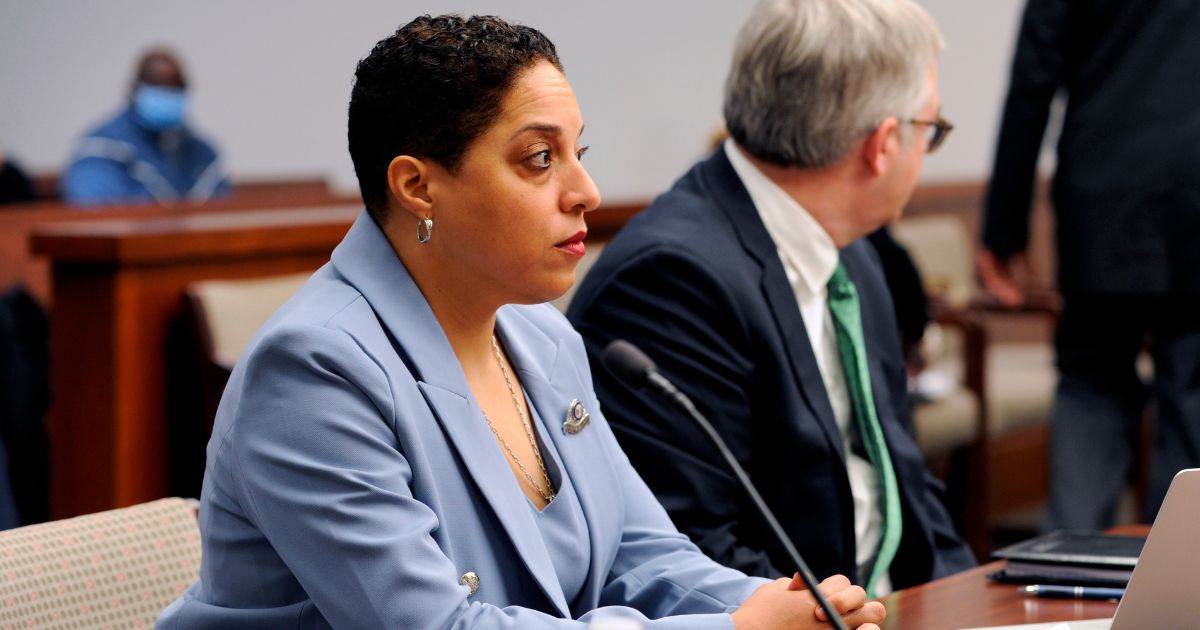 St. Louis Circuit Attorney Kim Gardner looks on during her disciplinary hearing in St. Louis on April 11, 2022.
