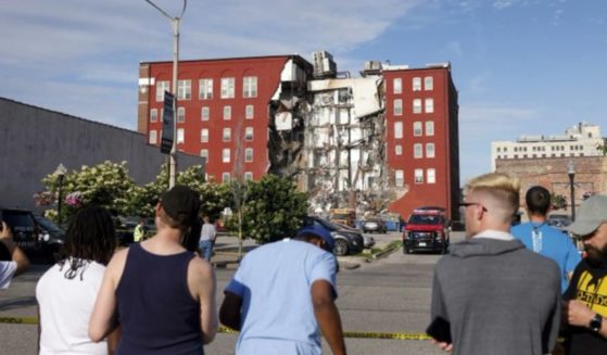 A collapsed building is seen in Davenport, Iowa.