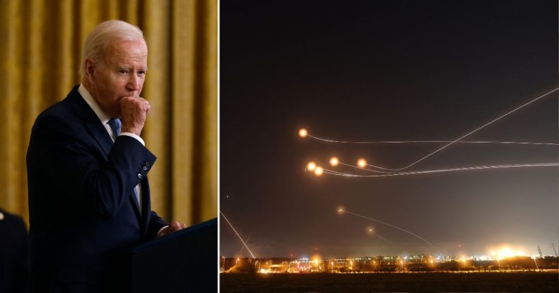 President Joe Biden delivers remarks in the East Room of the White House on Wednesday in Washington, D.C. Israel's Iron Dome air defense system intercepts rockets launched from Gaza on Saturday over the southern city of Sderot.