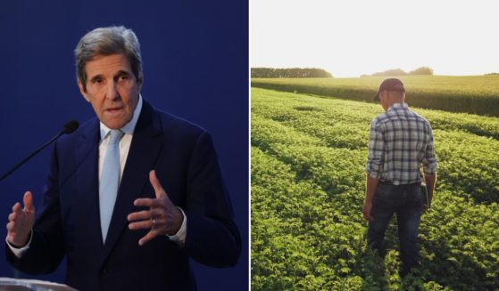 John Kerry speaks at a climate conference on Nov. 12, 2022, in Sharm El-Sheikh, Egypt. A farmer walks through a field in the stock image on the right.