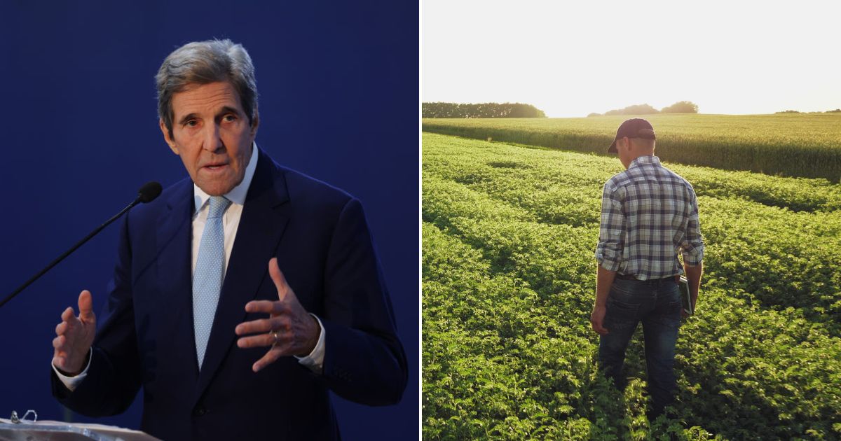 John Kerry speaks at a climate conference on Nov. 12, 2022, in Sharm El-Sheikh, Egypt. A farmer walks through a field in the stock image on the right.