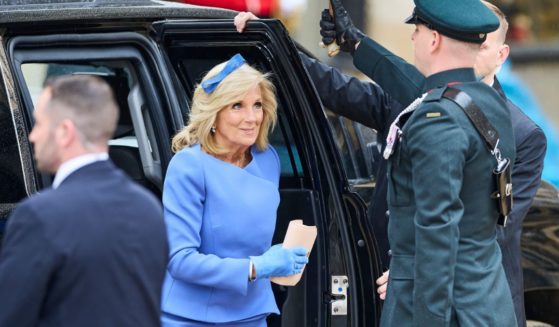 First lady Jill Biden arrives at Westminster Abbey for the coronation of King Charles III in London on Saturday.