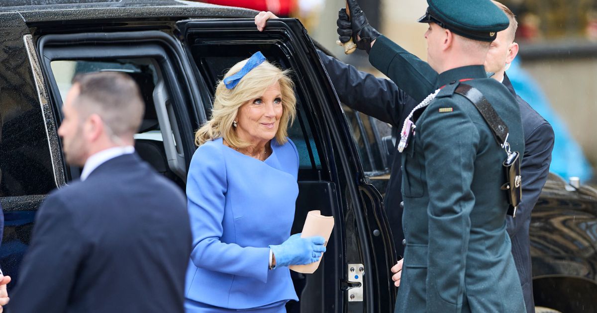First lady Jill Biden arrives at Westminster Abbey for the coronation of King Charles III in London on Saturday.