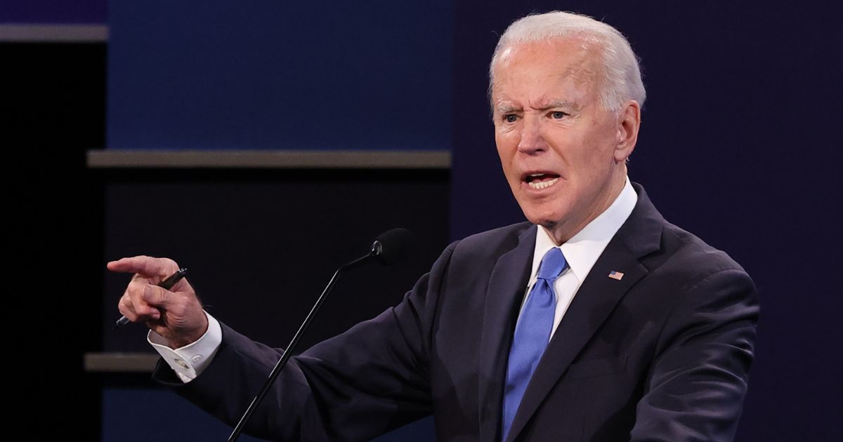 Joe Biden gestures during his debate with then-President Donald Trump at Belmont University in Nashville, Tennessee, on Oct. 22, 2020.