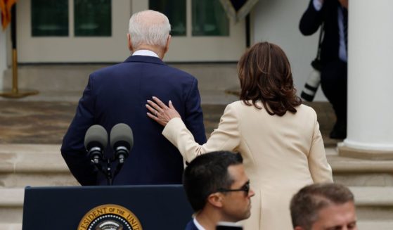 President Joe Biden and Vice President Kamala Harris leave an event in the Rose Garden at the White House on May 1 in Washington, D.C.