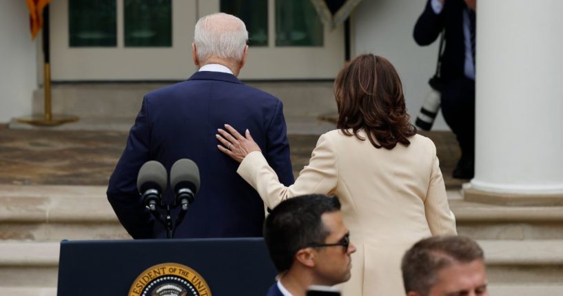 President Joe Biden and Vice President Kamala Harris leave an event in the Rose Garden at the White House on May 1 in Washington, D.C.