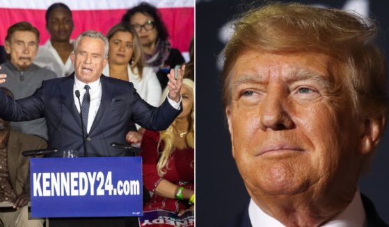 At left, Democrat Robert F. Kennedy Jr. announces his candidacy for president in Boston on April 19. At right, former President Donald Trump speaks at a campaign rally in Manchester, New Hampshire, on April 27.