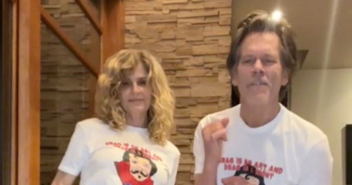 On Tuesday, Kevin Bacon, right, posted videos on his TikTok that voiced his support for drag shows, calling them "art." In one he is dancing with his wife, Kyra Sedgwick, left.