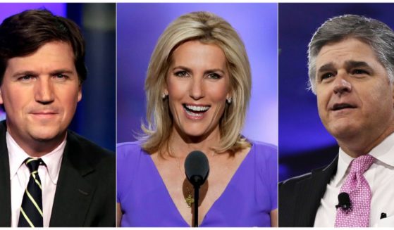 This combination photo shows, from left, Tucker Carlson, Laura Ingraham and Sean Hannity.
