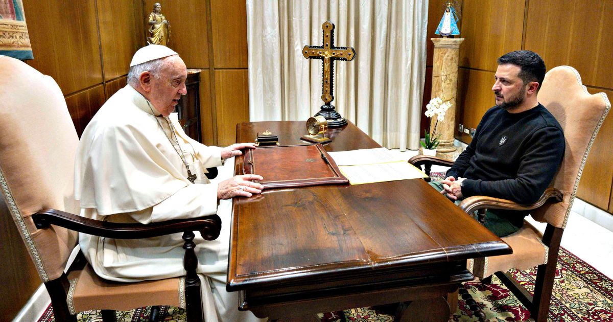 Pope Francis meets with Ukrainian President Volodymyr Zelensky at the Studio of Paul VI Hall in Vatican City, Vatican on May 13.