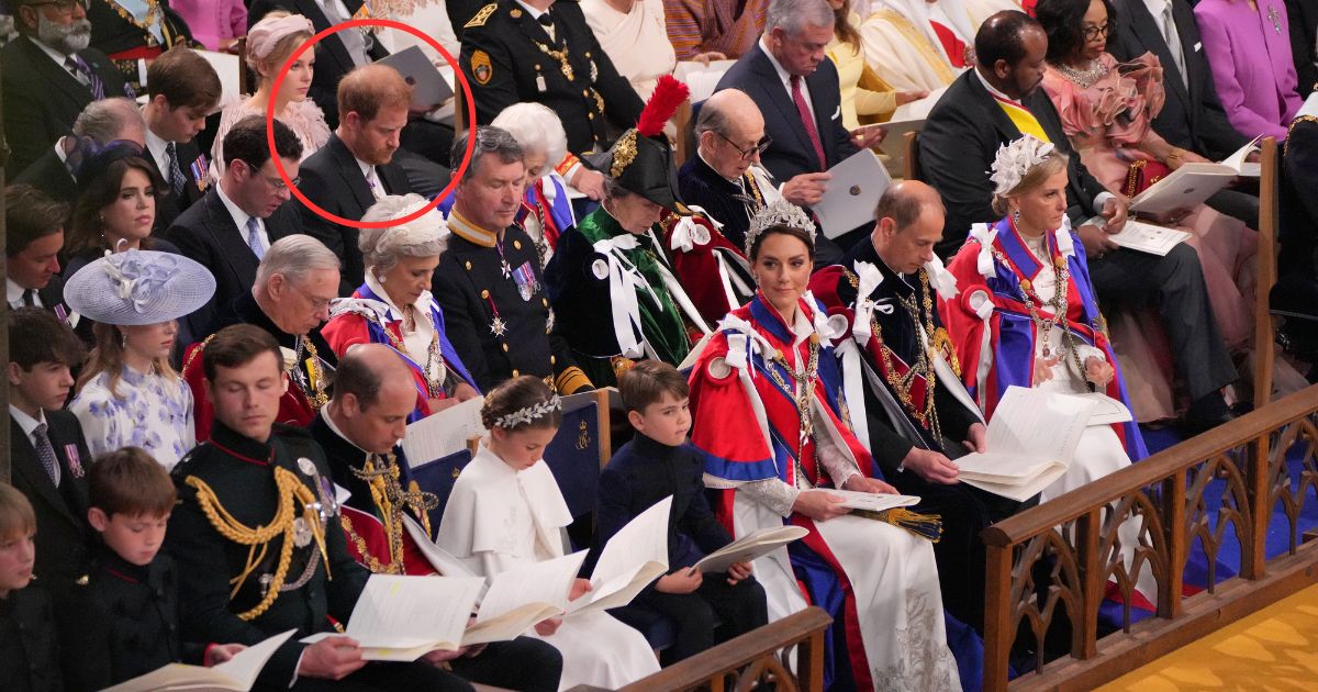 Prince Harry, Duke of Sussex (circled), attends the coronation of King Charles III and Queen Camilla in Westminster Abbey on Saturday in London.