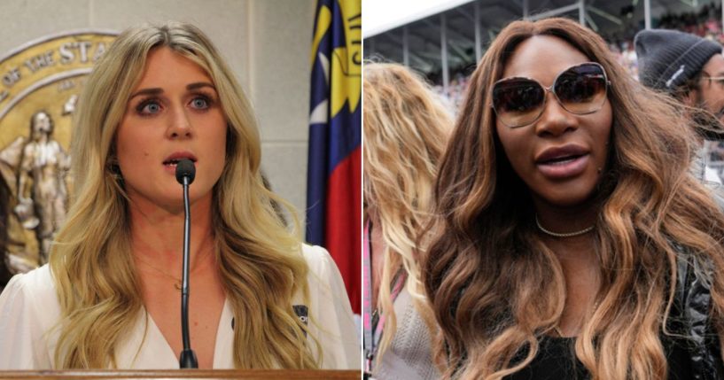 Former collegiate swimmer Riley Gaines, left, has been challenging prominent female athletes, including Serena Williams, right, to speak up about how they feel about men competing against women.