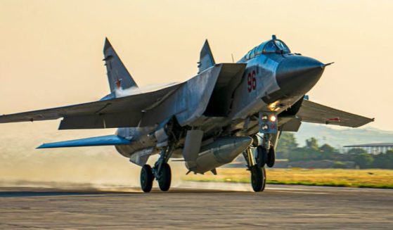 A Russian MiG-31 fighter jet carrying a Kinzhal missile takes off from the Hemeimeem air base in Syria on June 25, 2021.