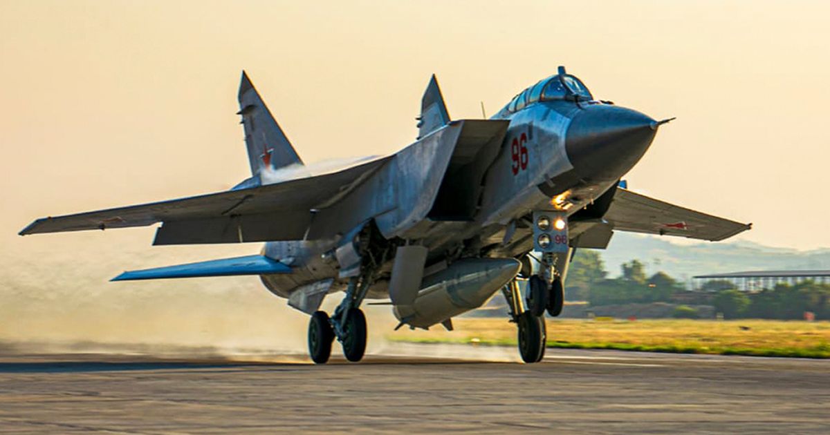 A Russian MiG-31 fighter jet carrying a Kinzhal missile takes off from the Hemeimeem air base in Syria on June 25, 2021.