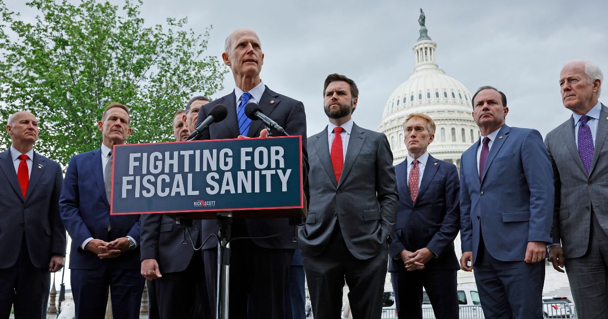 Sen. Rick Scott is joined by fellow Senate Republicans for a news conference outside the U.S. Capitol on May 3 in Washington, D.C.