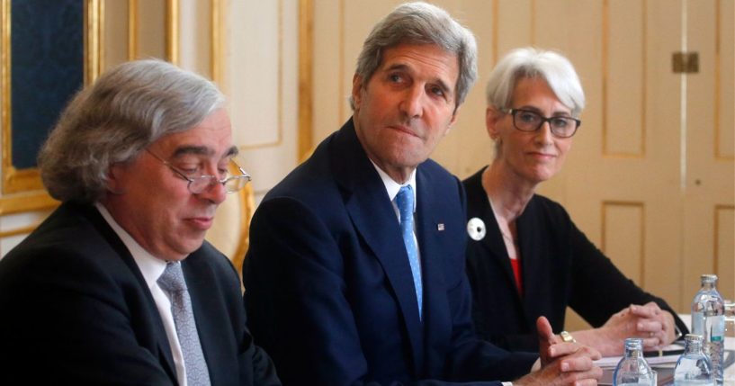 Wendy Sherman, right, along with Obama administration Secretary of Energy Ernest Moniz, left, and Secretary of State John Kerry, meets with Iranian Foreign Minister Javad Zarif at a hotel in Vienna, Austria, on June 30, 2015, to negotiate the Iran nuclear agreement.